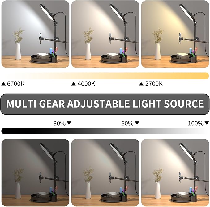 Bright Zoom Lighting for Computer, Adjustable Desk Lighting for Video Callst,55W Dimmable Full Screen Ring Light,with Rotating Storage Box,Pen Holder Stand,Phone Holder and Controller (Black, 10.5)