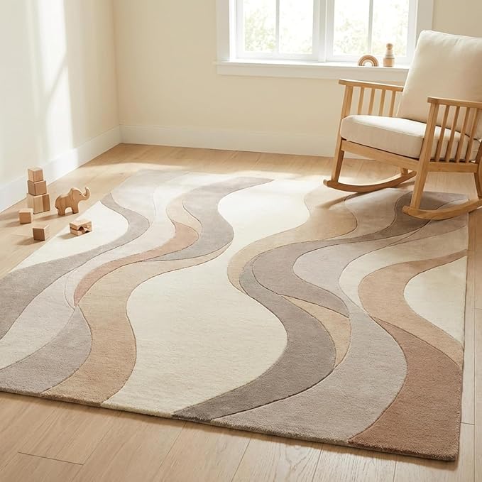 Geometric Multicolor Hand Tufted Wool Area Rug Modern Style Curve Pattern Warm Backing Floor Rug for Bedrooms Lounge Entryways & Gallary 6x6 Feet