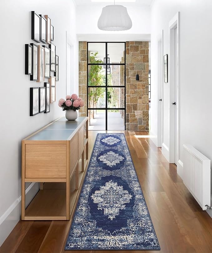 vivorug Runner Rug 2'x7' Machine Washable Non-Slip Runners for Hallways Kitchen Entryway Laundry Room Vintage-Inspired Carpet Hallway Runner Navy Blue