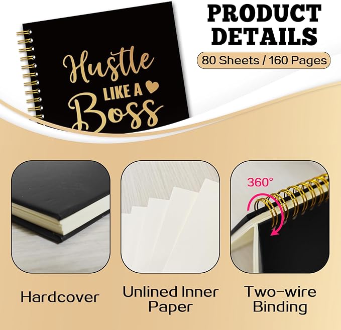 YAZMEEN Boss Lady Black Gold Spiral Notebook（160 Pages） Hustle Like A Boss Live Like A Queen Blank Hardcover Notebook Boss Appreciation Gift Funny Motivational Gift for Women Boss Entrepreneur Friend