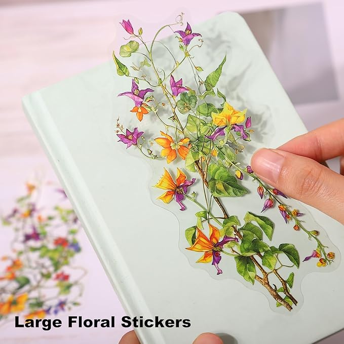 AuriicLeaf Floral Vine PET Stickers – 60PCS Vintage Botanical Design, Waterproof & Pre-Cut, Large Size for Journals, Junk Journals, Scrapbooking, and Craft