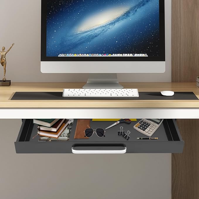 21.5" Under Desk Drawer Slide Out For Office Desk with 2 Dividers, Storage Organizer For Sit Stand Workstation, Black
