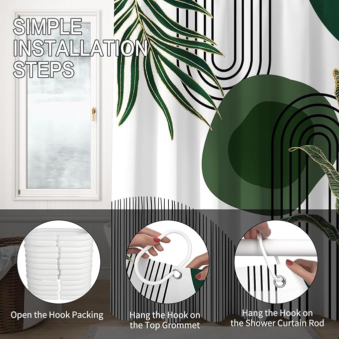 Mid Century Green Shower Curtain for Bathroom Boho Modern Abstract Plant Tropical Leaves Bathroom Curtain Set Geometric Arch Minimalist Waterproof Fabric Bath Decor 72x78 inch