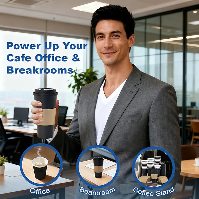 Coolcap 16 oz 50 Pack Coffee Cups with Lids and Sleeves, Straws, Hot Disposable To Go Travel Paper Cups Bulk for Office, Home Coffee Bar Accessories, Chocolate, Cocoa, Beverage (Black)