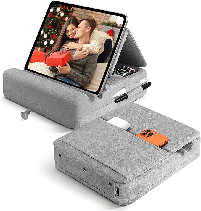 TpeeTeek Tablet Pillow Stand with Storage, Foldable iPad Holder for Lep, Bed, Sofa, and Desk - Soft Pad Dock with Pocket and Stylus Mount Compatible with 4-13" iPad Pro/Air/Mini, Galaxy Tab, Kindle
