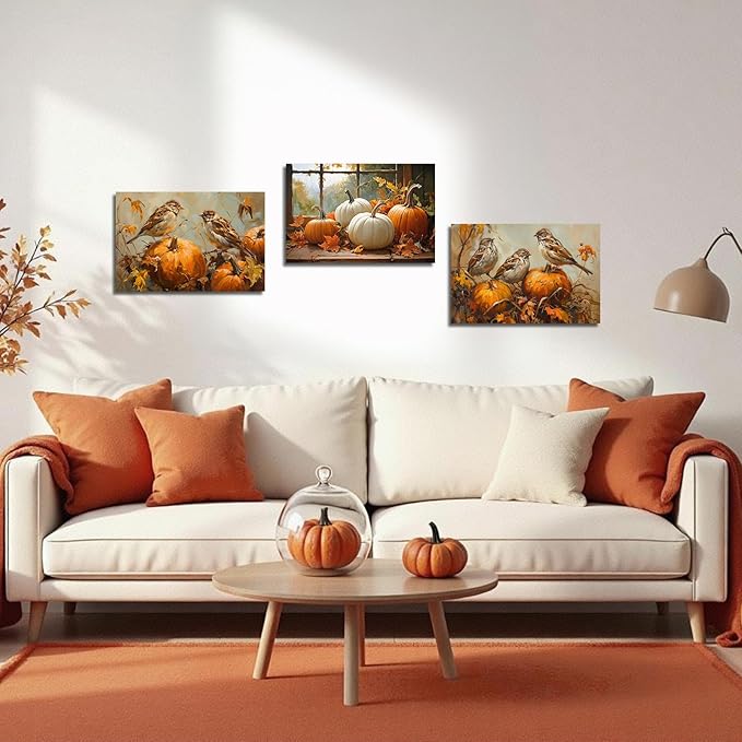YMXDYMJSW Autumn Wall Art 3 Pieces Pumpkin with Sparrows Picture Prints Fall Harvest Birds Canvas Painting Thanksgiving Theme Artwork for Farmhouse Decor Frame (Gold,11.00" x 14.00" x 3PCS)