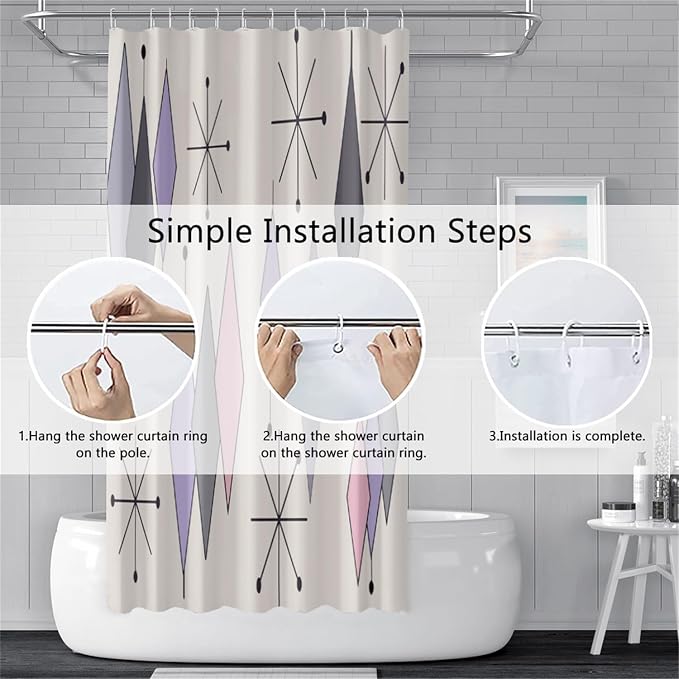 Boho Mid Century Shower Curtain Abstract Purple Grey Pink Diamond Geometric Atomic Starburst Pattern Beige for 1950s Retro Bathroom Decor Shower Curtain Set with 12 Hooks, 72x96 Inches