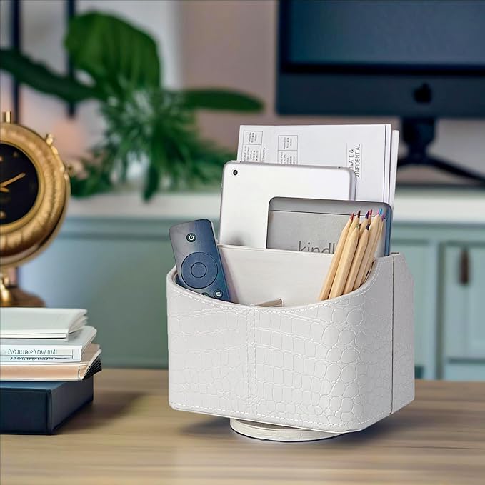 UnionBasic Rotating Desk Organizer, 360 Degree Desk Spinning Caddy, Desktop TV Guide/Mail/Media/Remote Controller Holder Organizer, Crocodile White