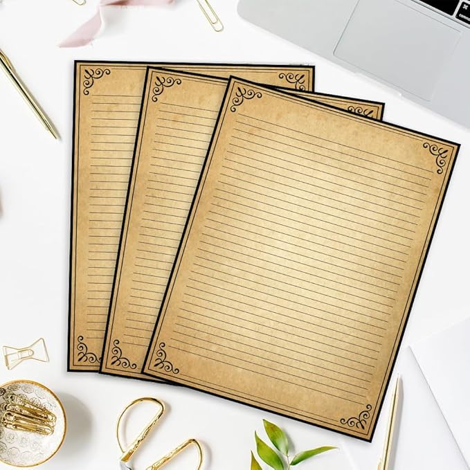 Vintage Lined Paper with Antique Border Design, 100 Sheets, Stationary Paper for Writing Letters, 100gsm, 11 x 8.5'', Aged Stationery for Writing Letters, Invitations, Stationery Writing Papers