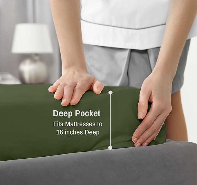 RUVANTI 100% Cotton Sheets Queen Size Set, 4 Pieces, Soft & Breathable Percale Weave Bedding, Deep Pocket 16", Hotel Standard, Crisp Cool Feeling, Durable, Perfect Dyed Bed Sheet, Chive