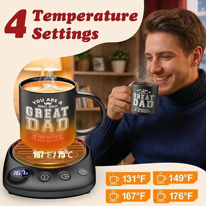 KitchekShop Coffee Mug Warmer - Fastest Heating & Highest Temperature, Coffee Cup Warmer for Desk Auto Shut Off, 4 Temp Settings & 1-12H Timer, Smart Electric Beverage Warme (Cup Warmer Set for dad)