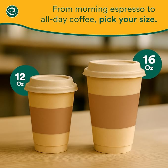 ECO SOUL 200 Pack 12 oz Disposable Coffee Cups with Lids & Sleeves Eco-Friendly, Biodegradable, Compostable, Leak-free & Sturdy To Go Hot Drink Cup for Tea, Chocolate Party Travel Cafe Office & Home
