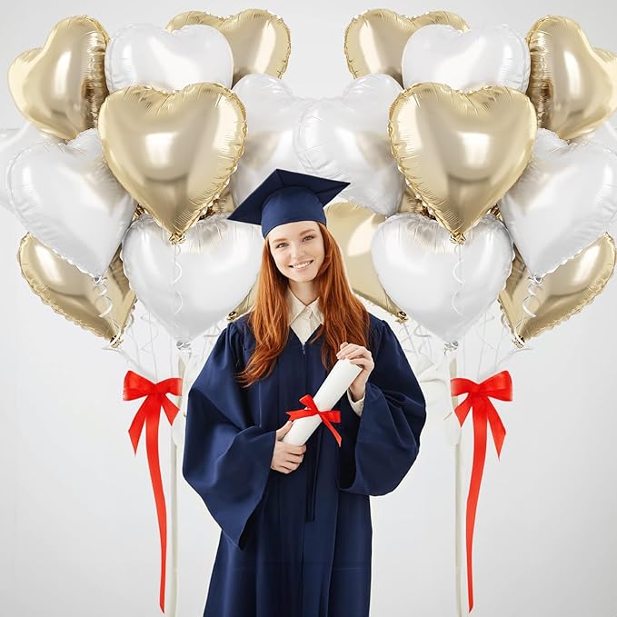 Gold White Foil Heart Balloons, 18 Inch 10 Pcs Pastel Yellow White Mylar Heart Shape Balloons Large Light Yellow and White Heart Balloons for Birthday Wedding Graduation Baby Party Valentines