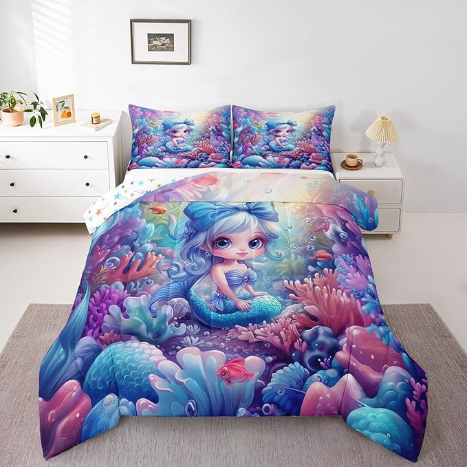 Cute Mermaid Full Size Comforter Set,Beautiful Mermaid Fairy Tale Reversible Bedding Comforters Bedroom Collection,Watercolor Coral Cartoon Undersea World Bedding Set for Girls Teens