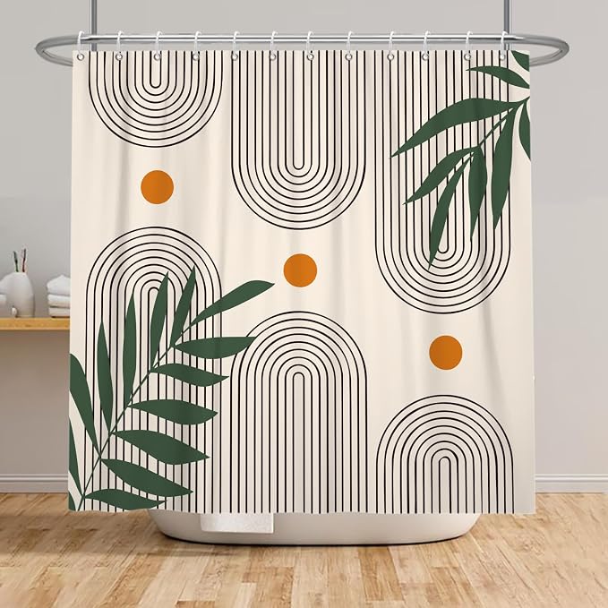 Boho Mid Century Shower Curtain Bohemian Minimalist Geometric Arch Sun Bathroom Curtain Sage Green Plant Polyester Shower Curtain Sets for Bathroom Extra Long 69x70 in with 12 Hooks