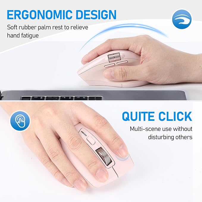 INFINMIND Wireless Bluetooth Side Scroll Mouse with Multi-Device, Ergonomic Computer Mice with Smart Flying Scroll, Quiet Click for Computer, Laptop, iPad, Tablet, MacBook (Pink)