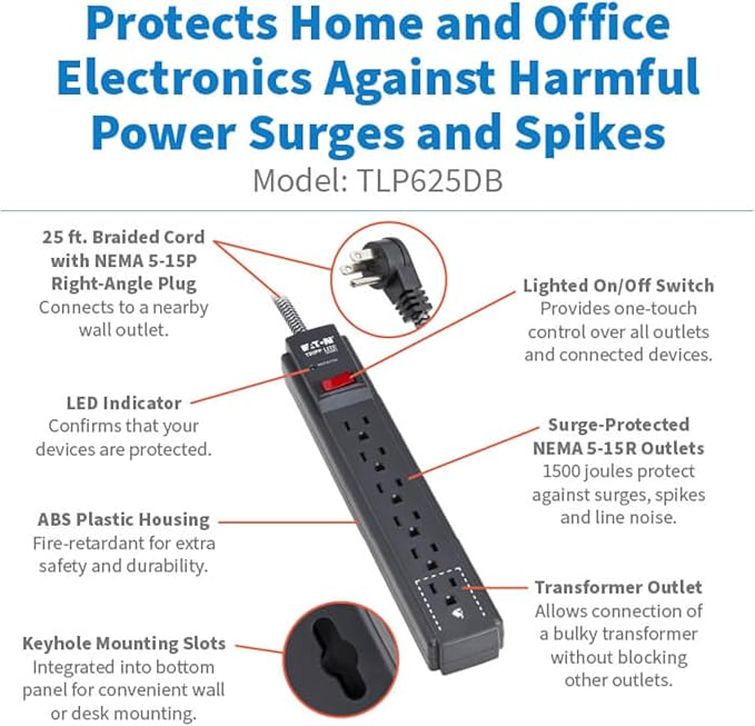 Eaton Tripp Lite Series 6-Outlet Surge Protector Power Strip, Flat Plug 25ft Braided Extension Cord, 1500 Joules, 15A Circuit Breaker, Lifetime Manufacturer's Warranty & $10,000 Insurance (TLP625DB)