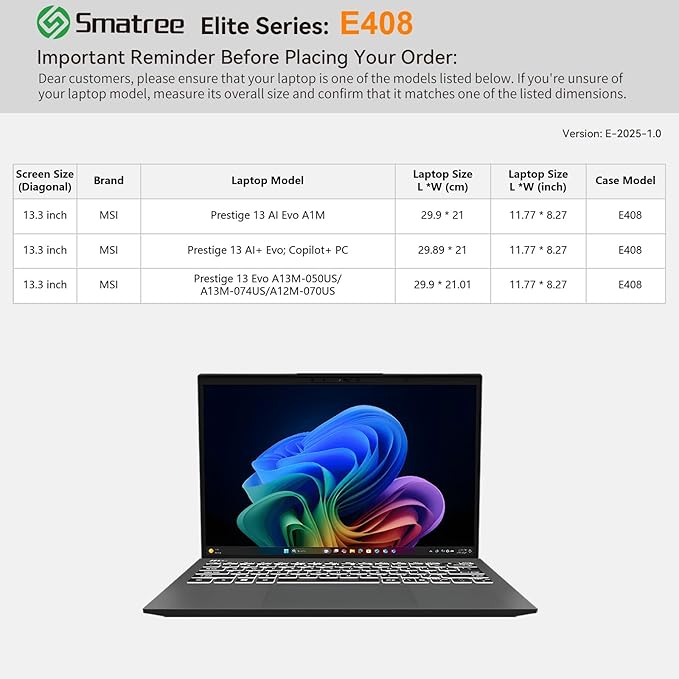 Smatree Laptop Sleeve for 13.3 inch MSI Prestige 13 AI Evo A1M/Copilot+PC, for 13.3 inch Prestige 13 Evo A13M/A12M, Case with Accessory Pocket, YKK Zipper, Patented Super-Corner Design (E408)