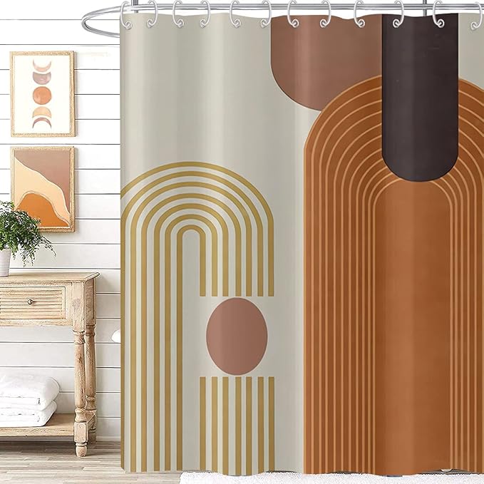 Mid Century Shower Curtain, Brown Modern Boho Neutral Arch Geometric Machine Washable Waterproof for Bathroom Bathtub with 12 Hooks 72x72
