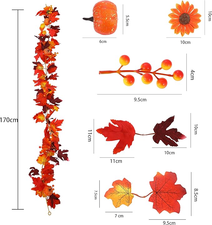 Artificial Fall Garland with Maple Leaves, Pumpkins & Berries – 7Fft Orange Autumn Garland for Thanksgiving, Fireplace Mantel, Doorway & Fall Harvest Table Decor