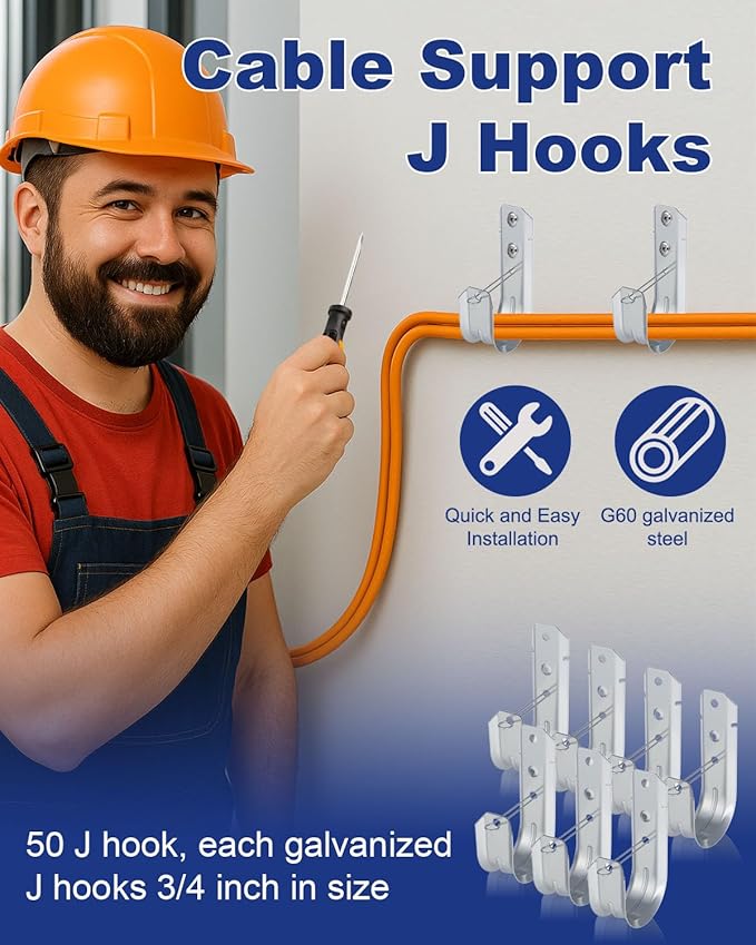25 Pcs 2" Galvanized Steel J-Hooks, Heavy Duty Wall Mount Cable Support J Hook with Retainer Clip for Cable Management