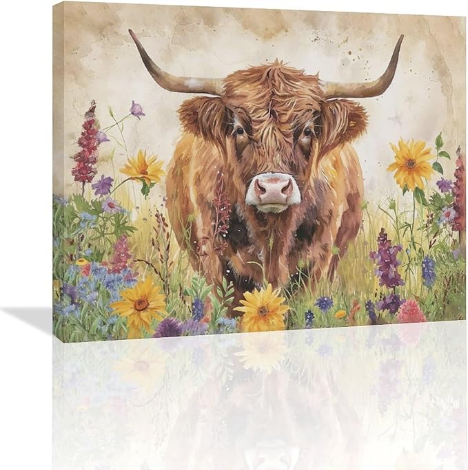 Highland Cow Wall Art Cow Pictures Wall Decor Flora Canvas Prints Painting Framed Artwork Office Home Decor For Bathroom Bedroom Dining Living Room 24L" x 20W"