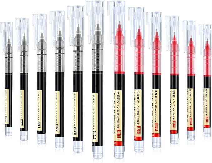 Frienda 12 Pieces Rolling Ball Pens 0.5 mm Japanese Quick Drying Fine Point Pens Liquid Ink Smooth Writing for Office Student Back to School Supplies(Black and Red)