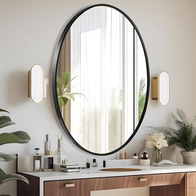 Oval Wall Mirror, 22"x30" Black Oval Vanity Mirror, Bathroom Mirror of Metal Frame, Home Decorative Wall Mounted Mirror for Bathroom, Living Room, Entryway, Vanity