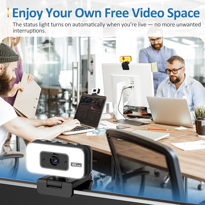4K Webcam for PC & Laptop, Webcam for Mac –AI PDAF AutoFocus Streaming Camera for Computer, One-Touch Mute, Busy Now Do Not Disturb Light, Adjustable Fill Light, Privacy Cover for Remote Work