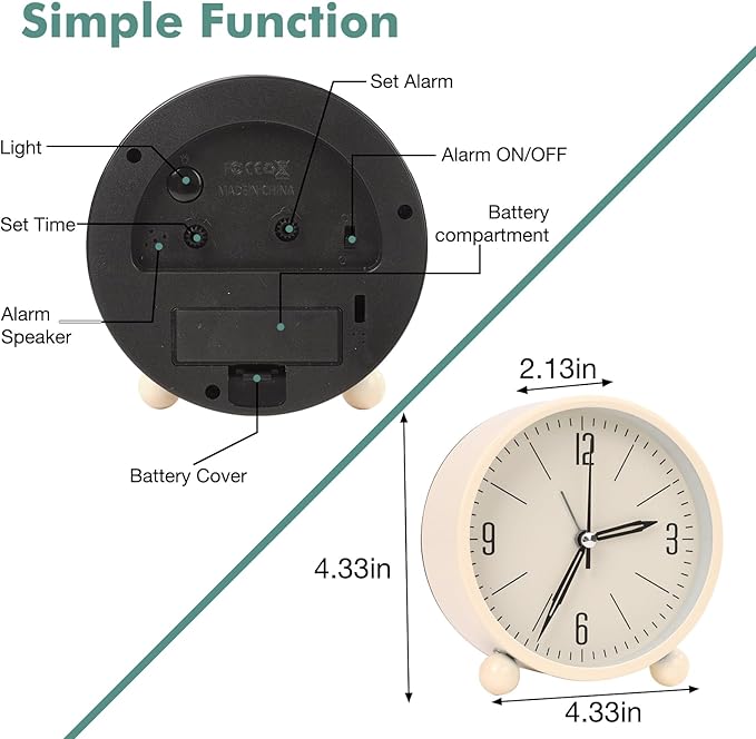 Blusaryme Analog Alarm Clock - 4 Inch Super Silent Non-Ticking, Battery Operated Small Clock with Night Light, Elegant Bedside Desk Clock for Bedroom, Living Room, Office, Student Gift