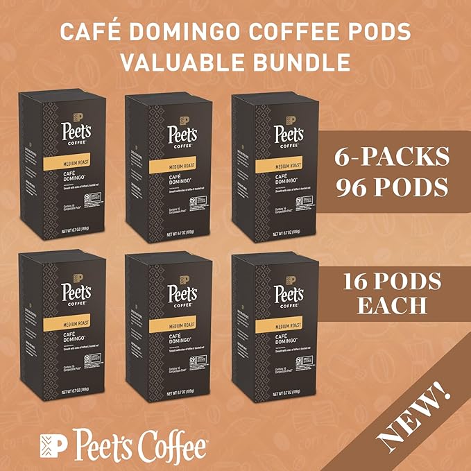Peet’s Café Domingo Coffee Pods – 96 Count (6 Packs of 16) – Medium Roast with Smooth, Balanced Flavor and Aromatic Finish – Compatible with Pelecom Coffee Machines