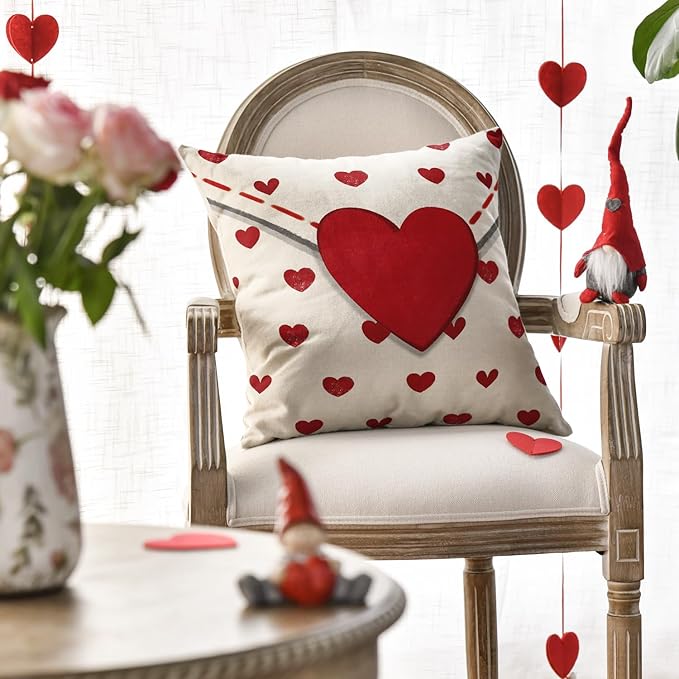 AVOIN colorlife Valentine's Day Love Heart Throw Pillow Cover, 18 x 18 Inch Envelope White Anniversary Wedding Cushion Case Decoration for Sofa Couch