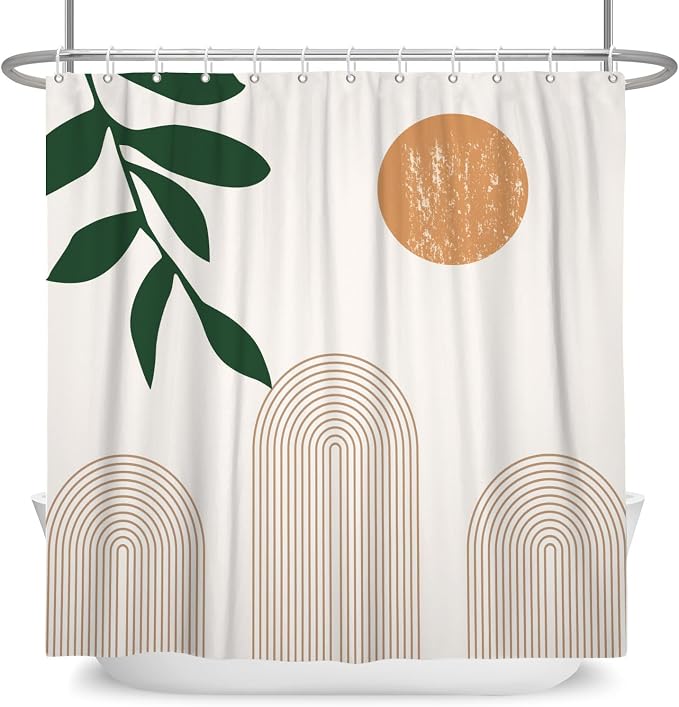 Boho Mid Century Shower Curtain Abstact Arch Sun Leaves Modern Minimalist Geometric Plant Aesthetic Shower Curtains Polyester Fabric Bathroom Decoration Curtain with Hooks 72x72 inch