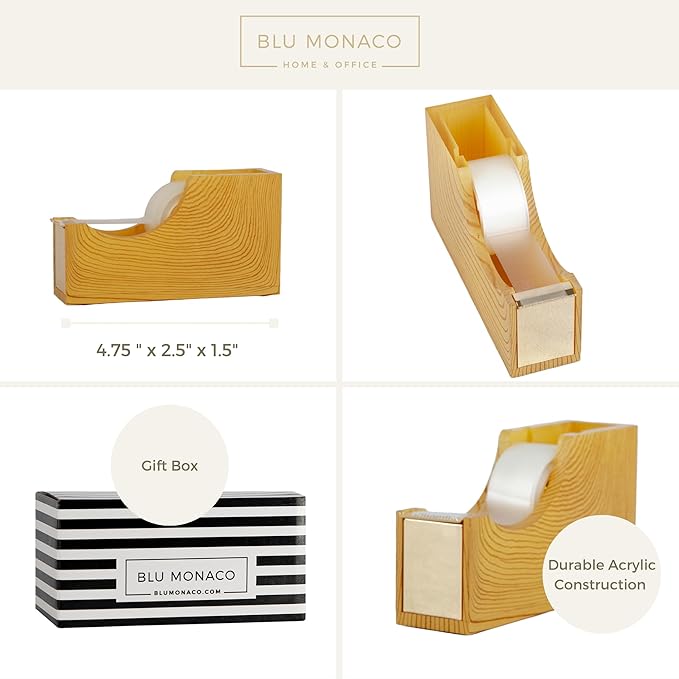 BLU MONACO | Acrylic Tape Dispenser with Woodgrain Surface | Desktop Tape Cutter with Smooth Blade and Non Slip Base | Fits Standard and Large Rolls Desk Accessory