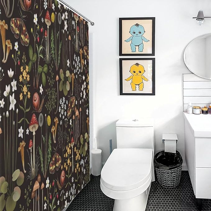 Mushroom Shower Curtain, Retro Wild Floral Botanical Mushroom Floral Moth Cottagecore Nature Plants Leave Herbs Black Farmhouse Waterproof Fabric Bathroom Shower Curtain Set with Hooks, 72"x84" Inch