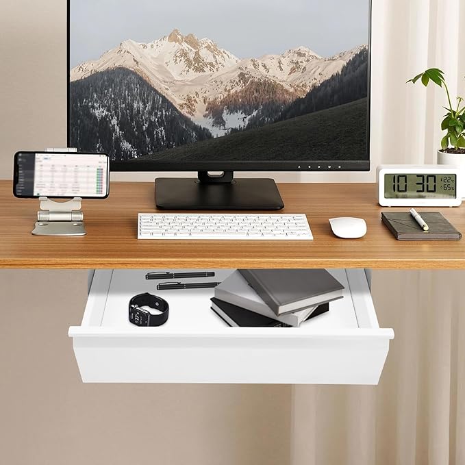 16" Under Desk Drawer Slide Out For Office Desk, Storage Organizer For Sit Stand Workstation, White