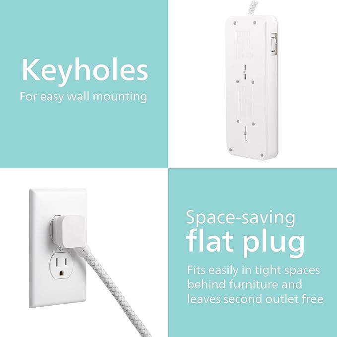Philips 6-Outlet Surge Protector with Multiple Outlets, 8 Ft, Braided Cord,1080 Joules, Adapter-Spaced, White, SPC6066WB/37