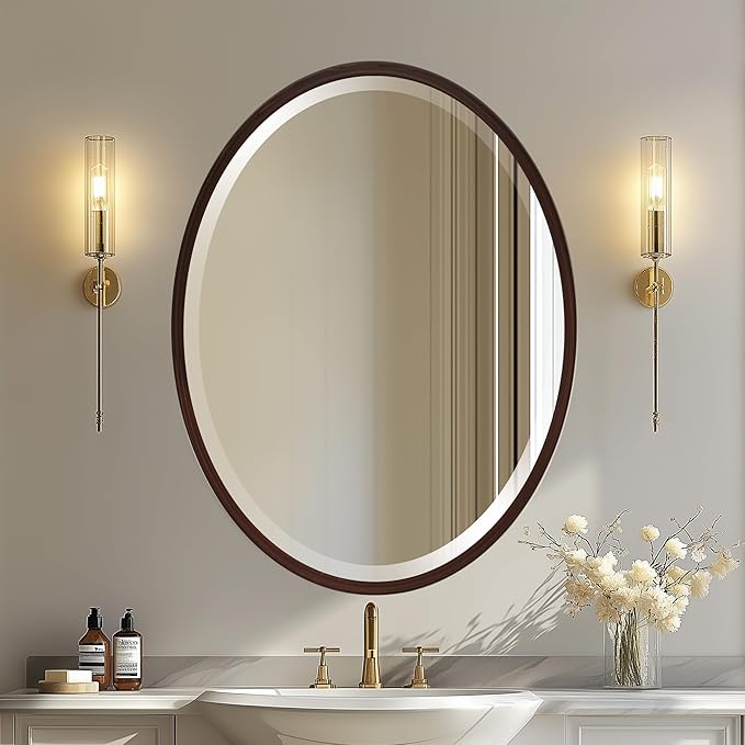 OVALCREST - Oval Wooden Beveled Wall Mirror for Home Decor, Bathroom, Vanity, Bedroom, Living Room, Hallway - London Style (Black Walnut) 37.1 x 25.1