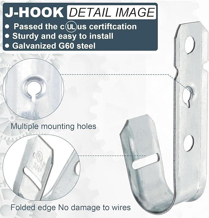 COCODE 25 Pack 3/4’’ J Hooks Cable Hangers Without Retainer Clip Galvanized Steel Wall Mount Heavy Duty Utility Hooks Cable Management for Structured Cabling