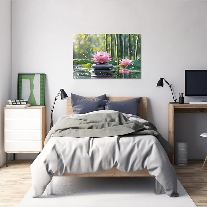 Ethereal pink lotus on obsidian Sunlit bamboo forest with sparkling water drops Poetic nature inspired wall art for tranquil homes and mindful spaces 24x36in Wood Framed