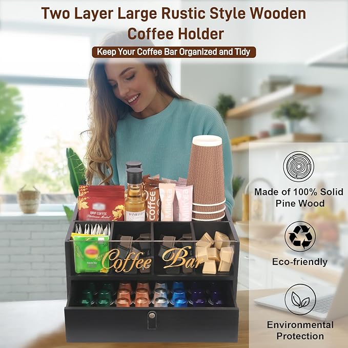 Intarsio 2-Tier Coffee Bar Organizer with Clear Acrylic Top, Built-in Drawer and Leather Handle Pull for Countertop, Stylish Coffee Station Storage Box for Accessories, Pods, Great Gifts for Home
