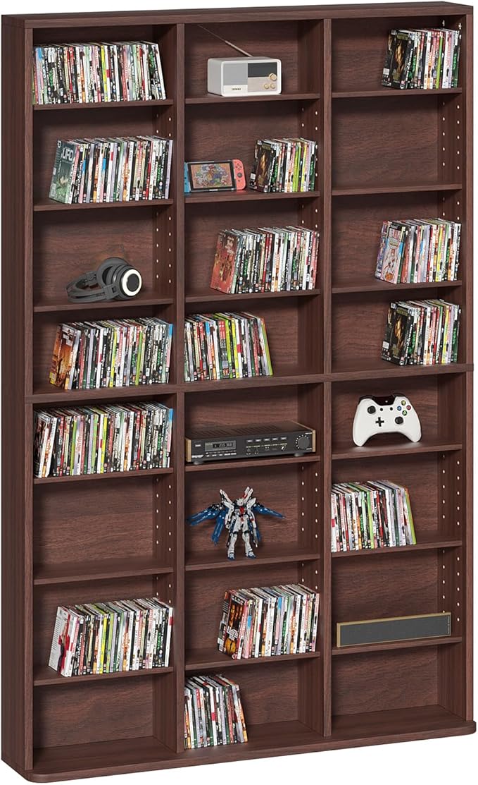 LELELINKY 8 Tier Tall Display Cabinet, Walnut Media Storage Cabinet with Adjustable Shelves, Free Standing DVD Organizer Shelf, Floor Multimedia Storage Manga Bookshelf for Living Room & Home Office.