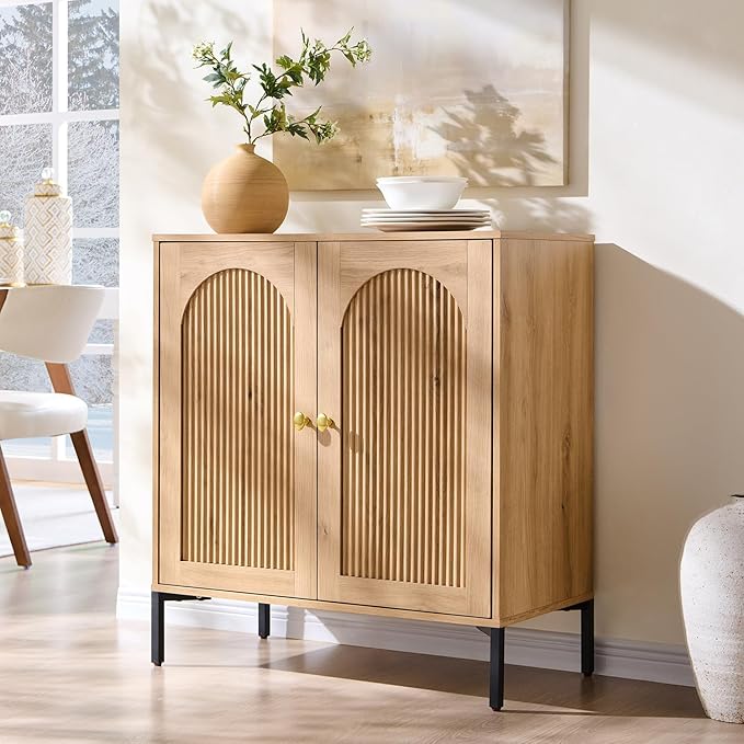 Modern Buffet Cabinet with Storage, 34" Tall Fluted Arched Sideboard Cabinet w/Adjustable Shelves, Wooden Modular Coffee Bar for Dining Room, Kitchen, Living Room, Entryway, Natural