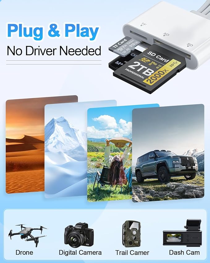 XD Card Reader, SD Memory Card Reader for iPhone, Lightning+USB A+USB C to SD/TF/XD Picture Card Reader 3 in 1 Digital Camera Adapter for iPhone 17/16/15/14/iPad/PC/Android Multi iPhone Reader