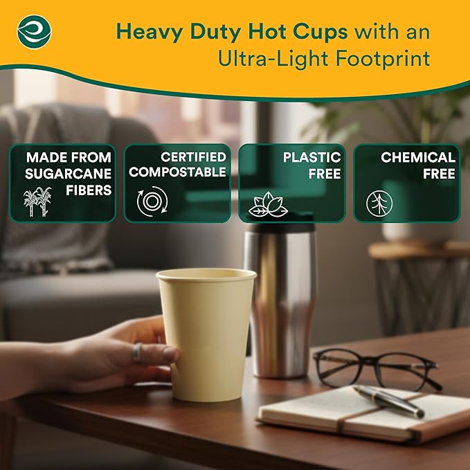 ECO SOUL 200 Pack 12 oz Disposable Coffee Cups Eco-Friendly, Biodegradable, Compostable, Leak-free & Sturdy To Go Hot Drink Travel Bagasse Cup for Tea, Chocolate, Party, Picnic & Cafe, Office & Home