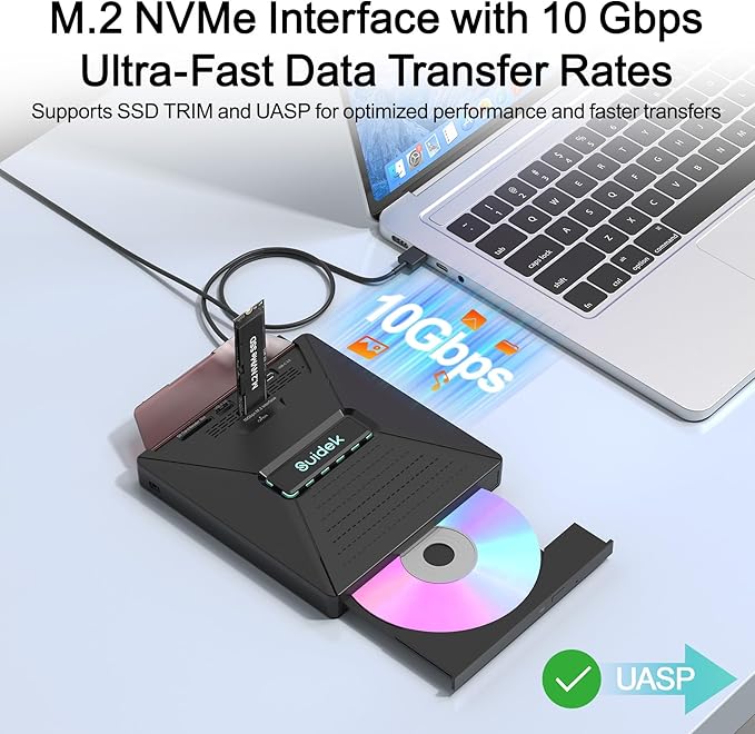 External CD DVD Drive for Laptop, 7 in 1 Portable CD DVD +/-RW Burner Reader with M.2 NVMe Interface,SD/Micro SD Card Slots and USB A Type C 2.0, Compatible with Laptop PC Mac Windows Linux
