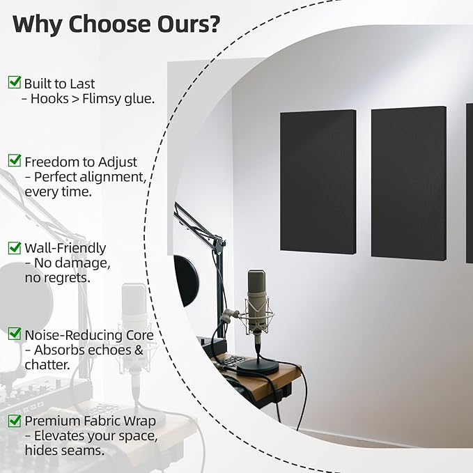 Art3dwallpanels 4 PCS Acoustic Panels, 24''x12'' Fabric Soundproof Wall Panels, Easy-Hook Mounting Sound Absorbing Panels for Studios, Office, Home Theater, Black