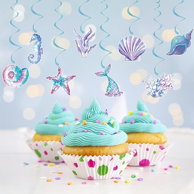 Little Mermaid Party Decorations Streamers - 16Pcs Under The Sea Classroom Hanging Swirl Ceiling Decor,Pool Beach Ocean Underwater Girls Birthday Summer Baby Shower Banner Supplies Hugtmr
