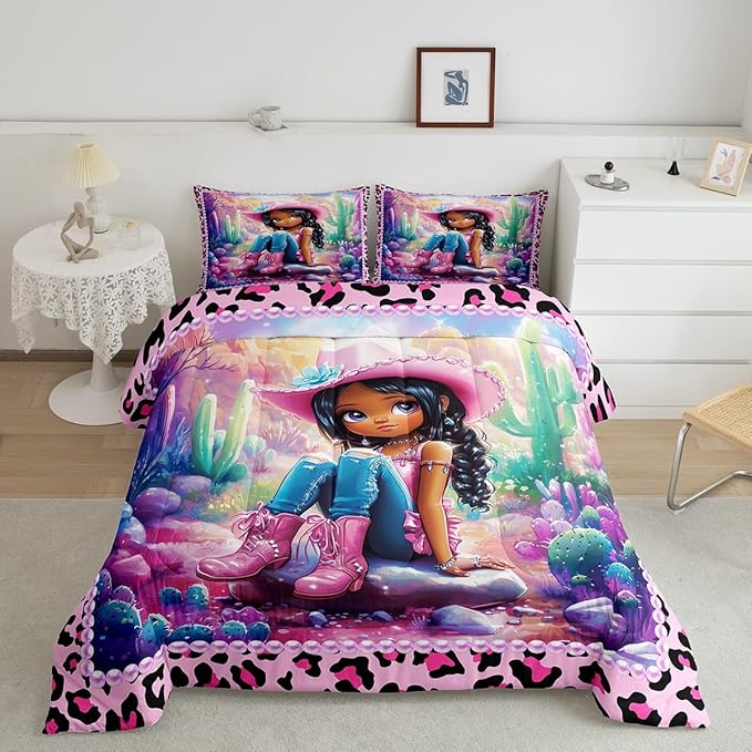 Western Cowgirl Comforter Set Twin Size,Reversible Cute Girl Cactus American Style Bedding Set for Kids Boys Men,African Pink Leopard Print Plaid Black Quilted Duvet Set with 1 Pillowcase