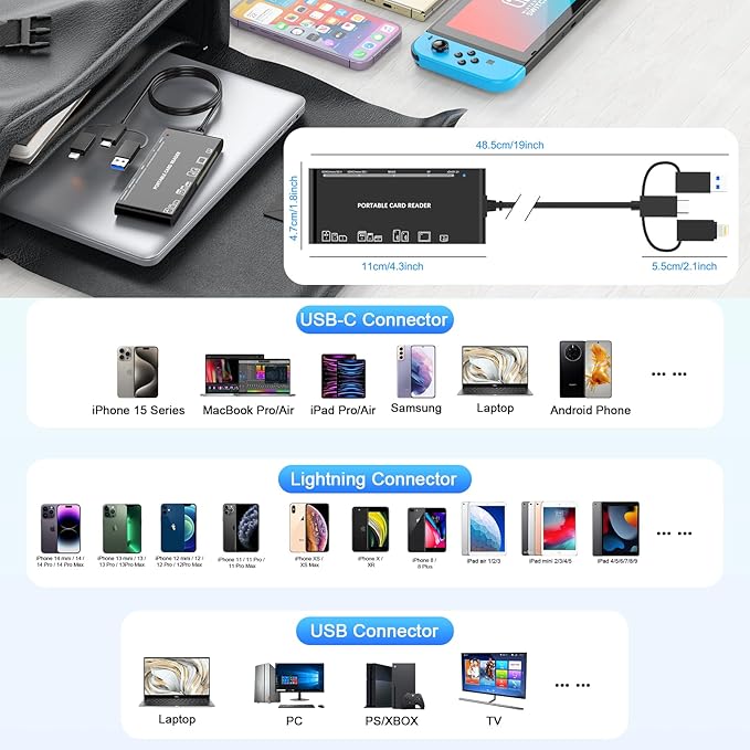 7-in-3 Lightning & USB-C & USB3.0 Multi Card Reader, SD CF XD MS Micro SD TF Card Reader for iPhone/iPad, Memory Card Reader High-Speed Trail Camera Viewer, Plug and Play, Simultaneously Read/Write